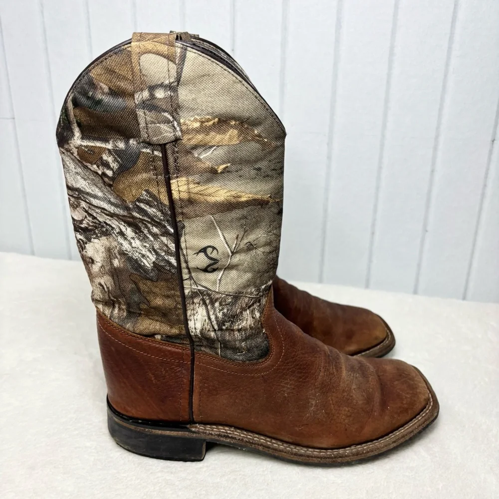 OLD WEST BOYS CAMO‎ BROWN LEATHER HUNTER COWBOY BOOT Size 6